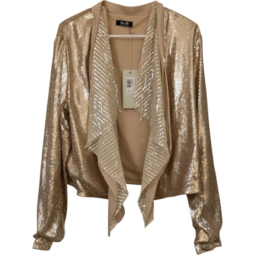 Miss Me Rose Gold Sequin Open Front Waterfall Cardigan Jacket MJ0540L Large NWT
